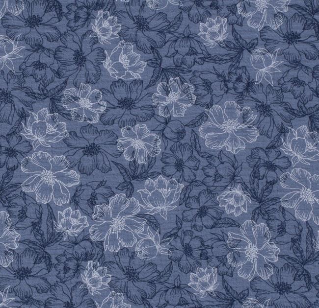 Muślin niebieski z nadrukiem kwiatów 19298/006