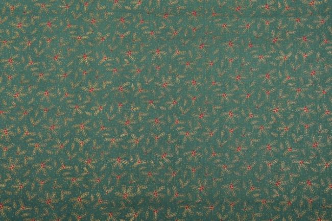 Świąteczna tkanina bawełniana zielona z nadrukiem jemioł 12711/025