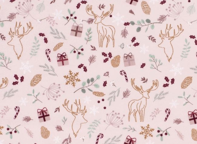 Świąteczna tkanina bawełniana jasnoróżowa z nadrukiem jeleni 18723/011
