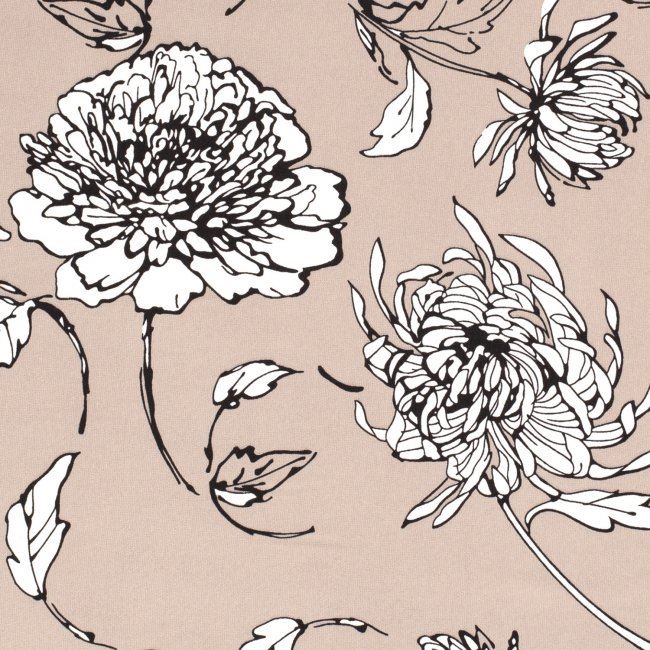 Tkanina bluzkowa beżowa z nadrukiem kwiatów 15125/052