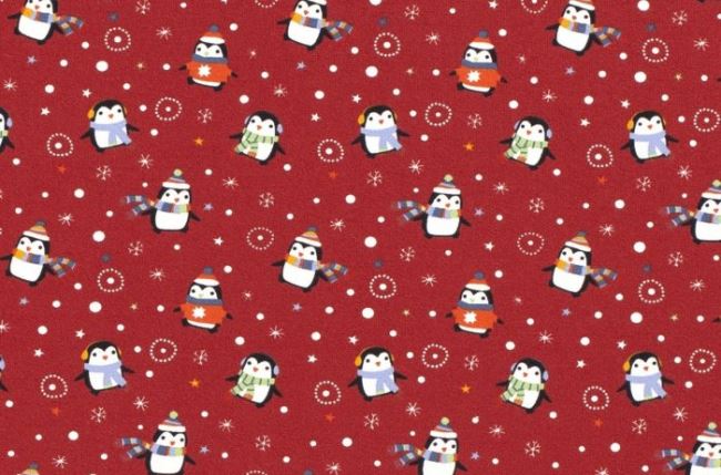 Dzianina bawełniana świąteczna ceglana z nadrukiem pingwinków 16729/018
