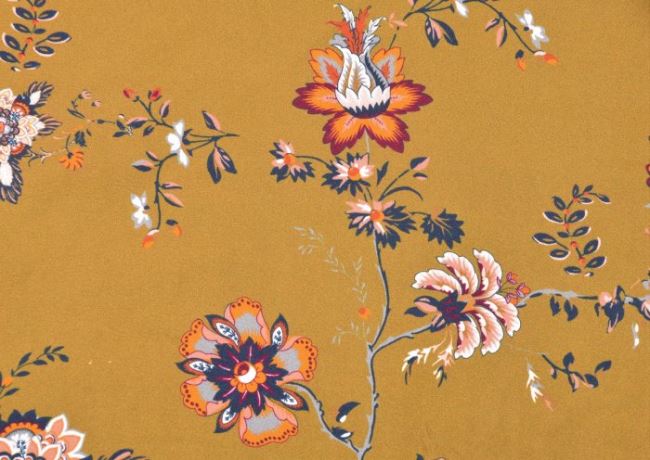 Tkanina wiskozowa w kolorze khaki z kwiatami J054