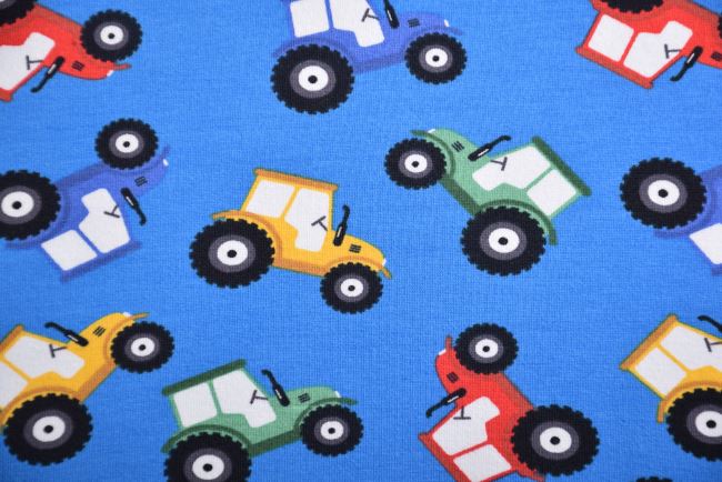Dzianina bawełniana niebieska z nadrukiem traktorów 16620/063