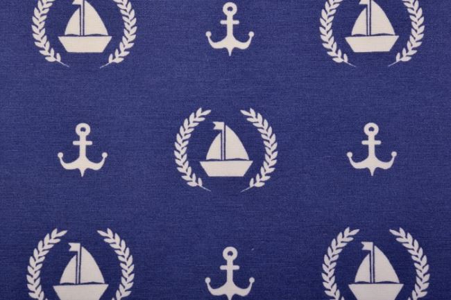 Tkanina dekoracyjna niebieska z motywem statków i kotwic 1307/006