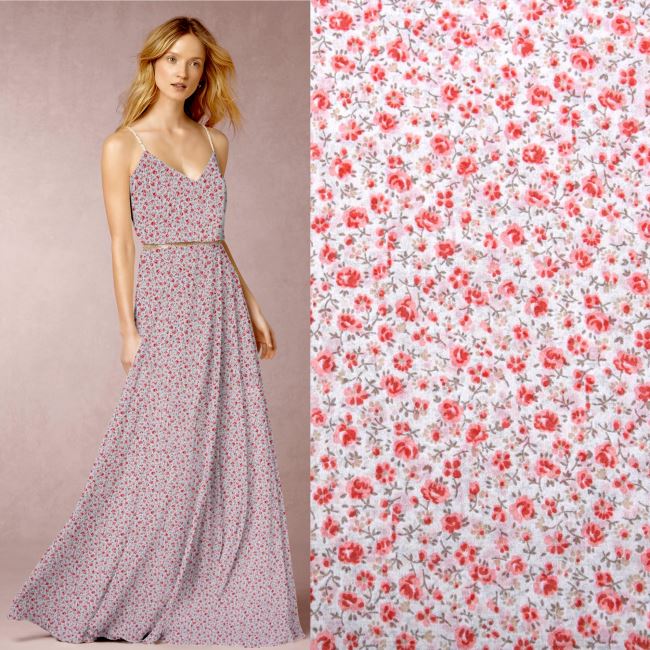 Tkanina bluzkowa/sukienkowa w kolorze kremowym z nadrukiem kwiatków TWS016