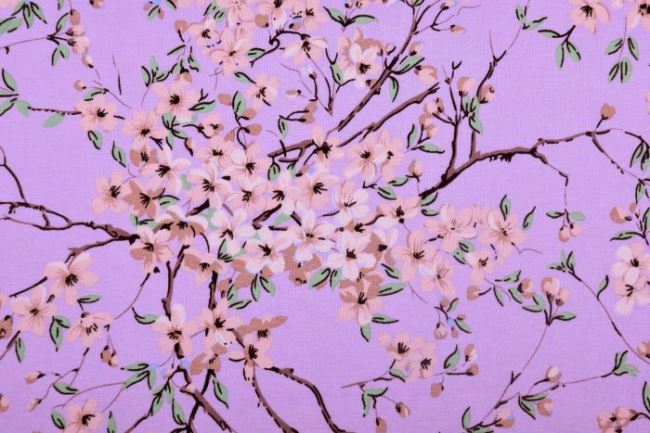 Dżersej wiskozowy jasnofioletowy w kwiaty na gałązkach 4316/042