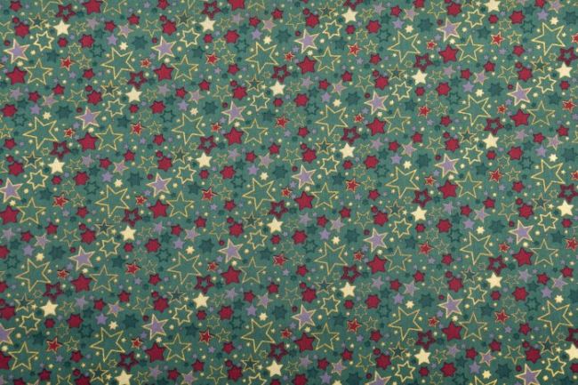 Tkanina bawełniana świąteczna zielona z nadrukiem gwiazd i ozdób 12716/025