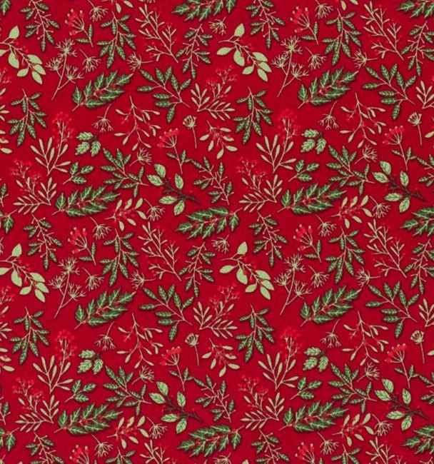 Tkanina bawełniana świąteczna czerwona z nadrukiem jarzębiny 16723/015