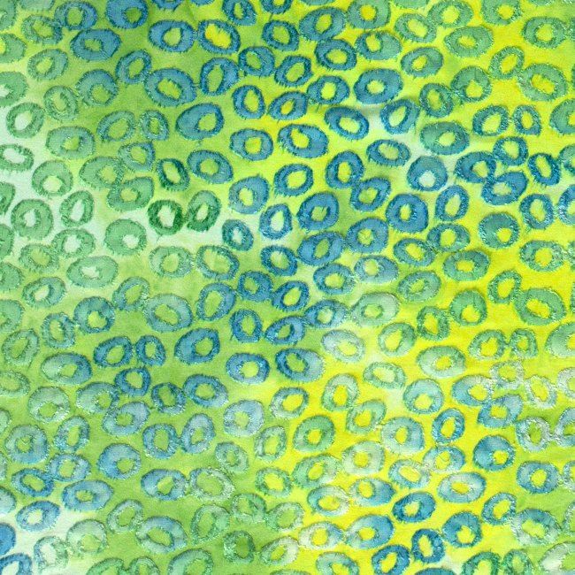 Dzianina zielona z batikowanym plastycznym wzorem nieregularnych kółek 13573/025