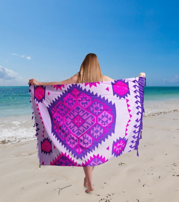Pareo/sarong z kokosową zapinką fioletowe ze wzorem geometrycznym BALI74