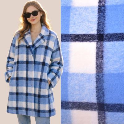 Tkanina na płaszcz wełniany w niebieską kratkę GL084