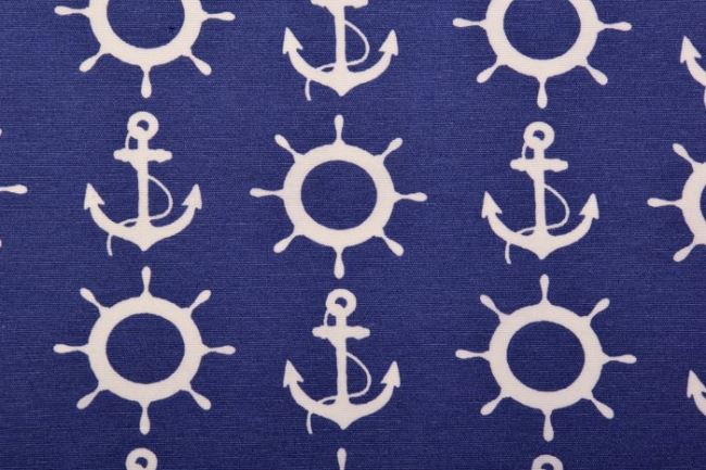 Tkanina dekoracyjna niebieska z nadrukiem sterów i kotwic 1308/006