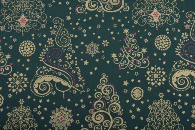 Świąteczna tkanina bawełniana zielona z nadrukiem ornamentów 12706/025