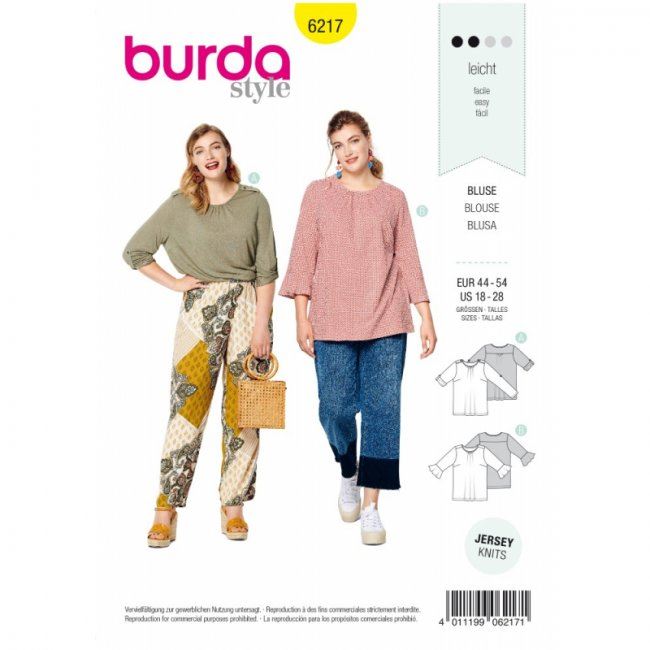 Wykrój Burda na damskie luźne bluzeczki w roz. plus size 6217