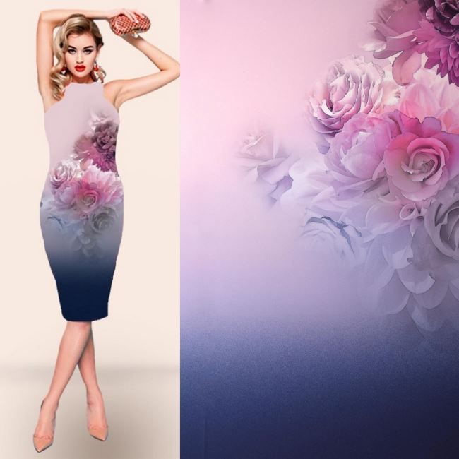 Tkanina kostiumowa elastyczna Barbie granatowa z cyfrowym nadrukiem kwiatów panel CCAM2424
