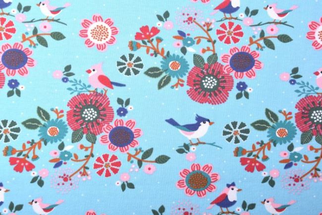 Dzianina French Terry jasnoniebieska z nadrukiem ptaszków i kwiatków 14473/022