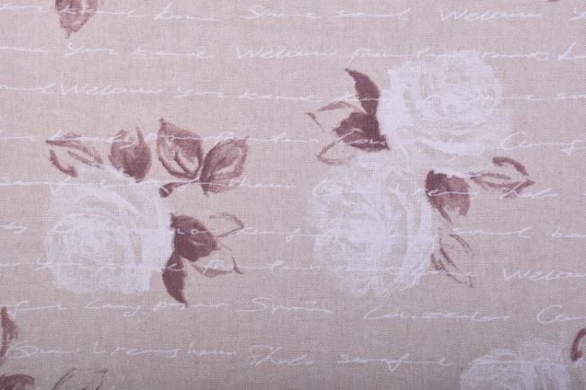 Tkanina dekoracyjna beżowa z nadrukiem napisów i kwiatów 1612/016