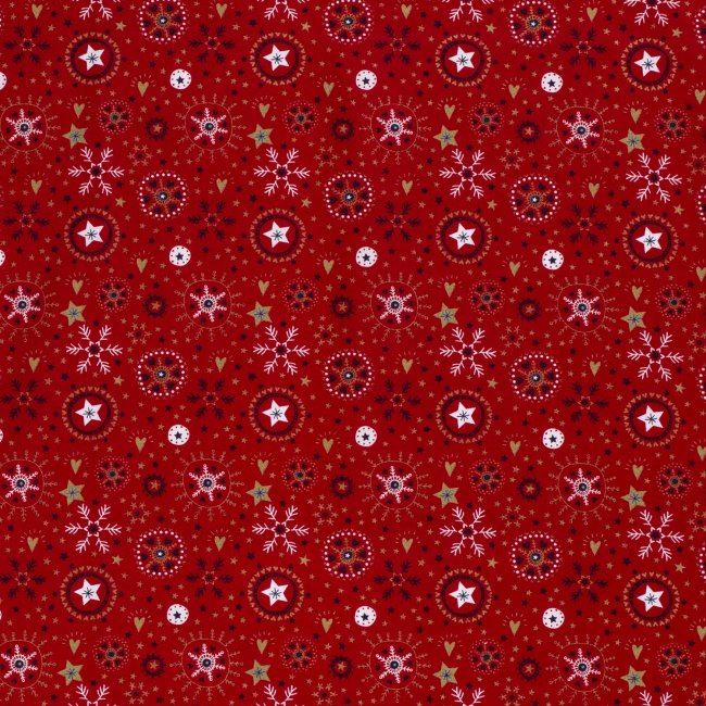 Tkanina bawełniana świąteczna czerwona z nadrukiem płatków śniegu 14714/015