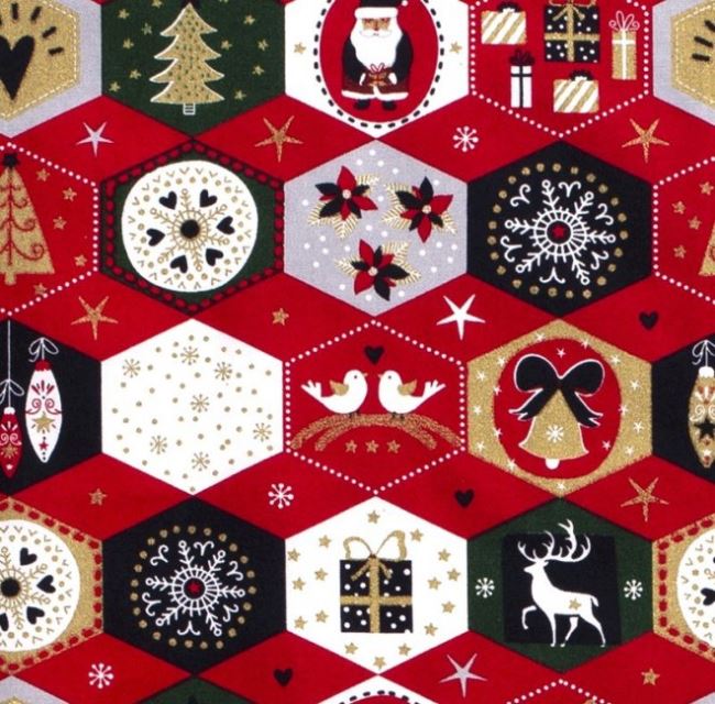 Tkanina bawełniana świąteczna czerwona z ozdobnym nadrukiem 14710/015