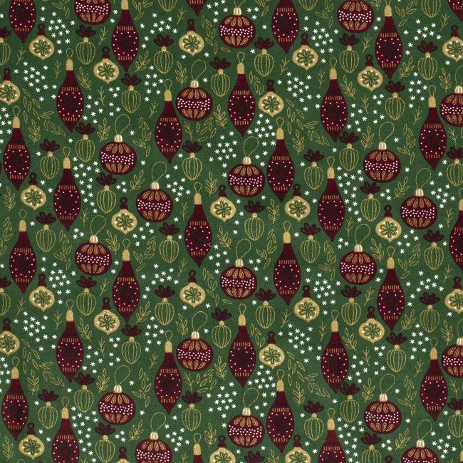 Tkanina bawełniana świąteczna zielona z nadrukiem bombek 14705/025