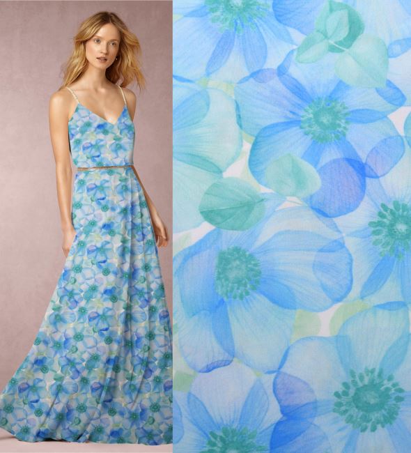 Sztuczny jedwab Silky z cyfrowym nadrukiem kwiatów niebieskich kwiatów AV2200005S