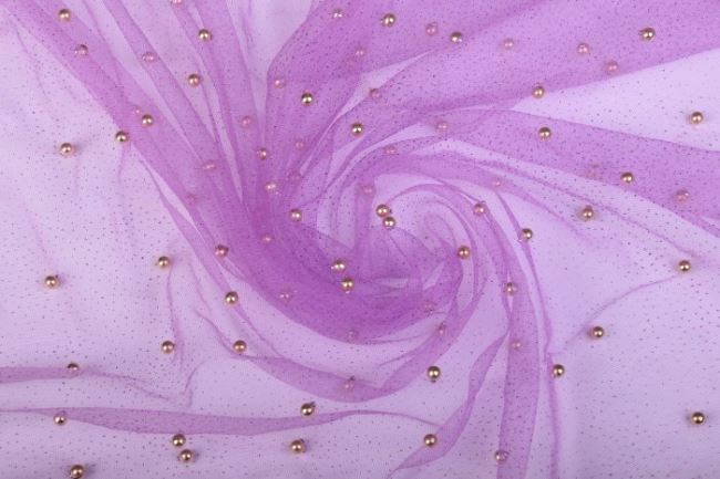 Tiul fioletowy z brokatem i złotymi perełkami 10328/043