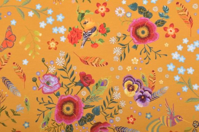 Dzianina bawełniana musztardowa z nadrukiem kolorowych kwiatów 16337/570
