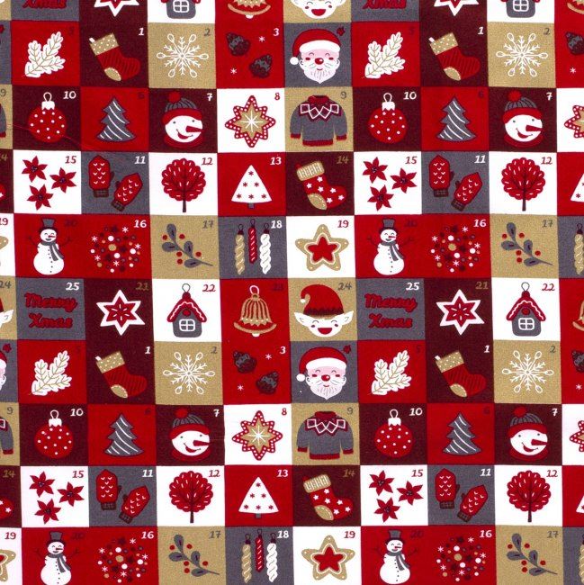 Tkanina bawełniana świąteczna czerwona z kalendarzem 14712/015