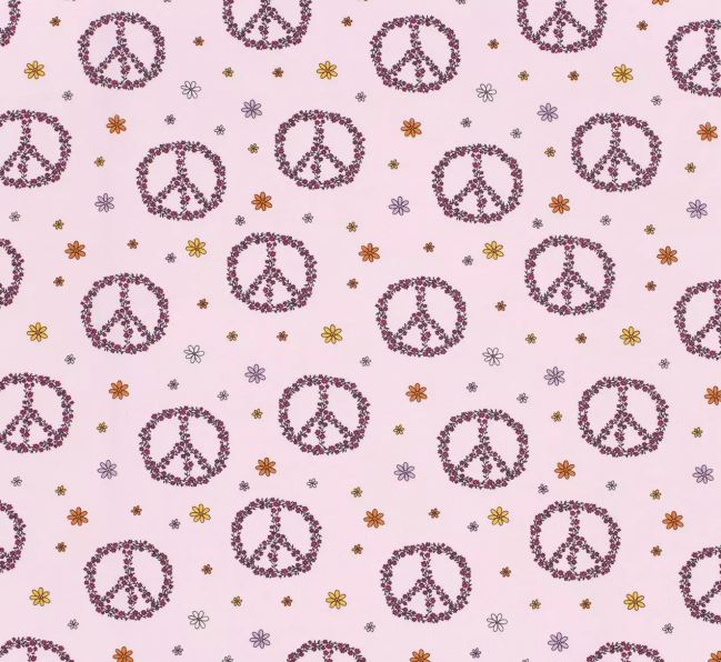 Dzianina bawełniana w kolorze różowym z nadrukiem kwiatów hippie 21818/011