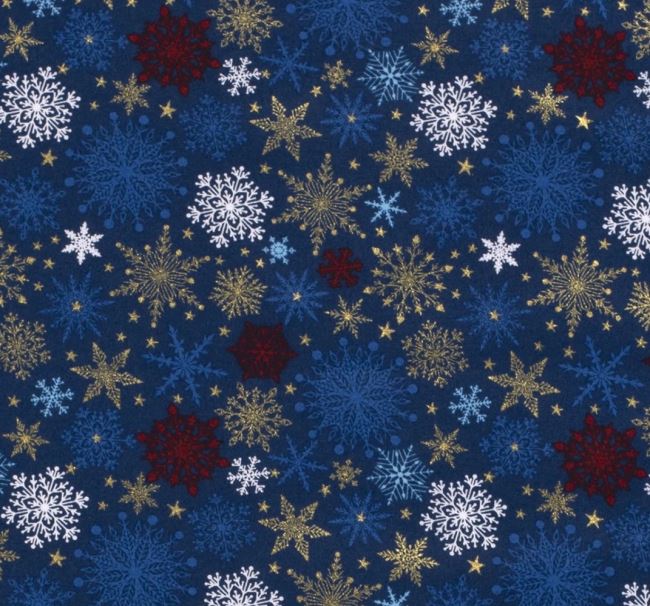 Świąteczna tkanina bawełniana granatowa z nadrukiem śnieżynek 18714/008
