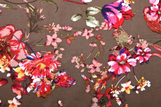 Tkanina wiskozowa w kolorze khaki z nadrukiem kwiatowym 20160/027